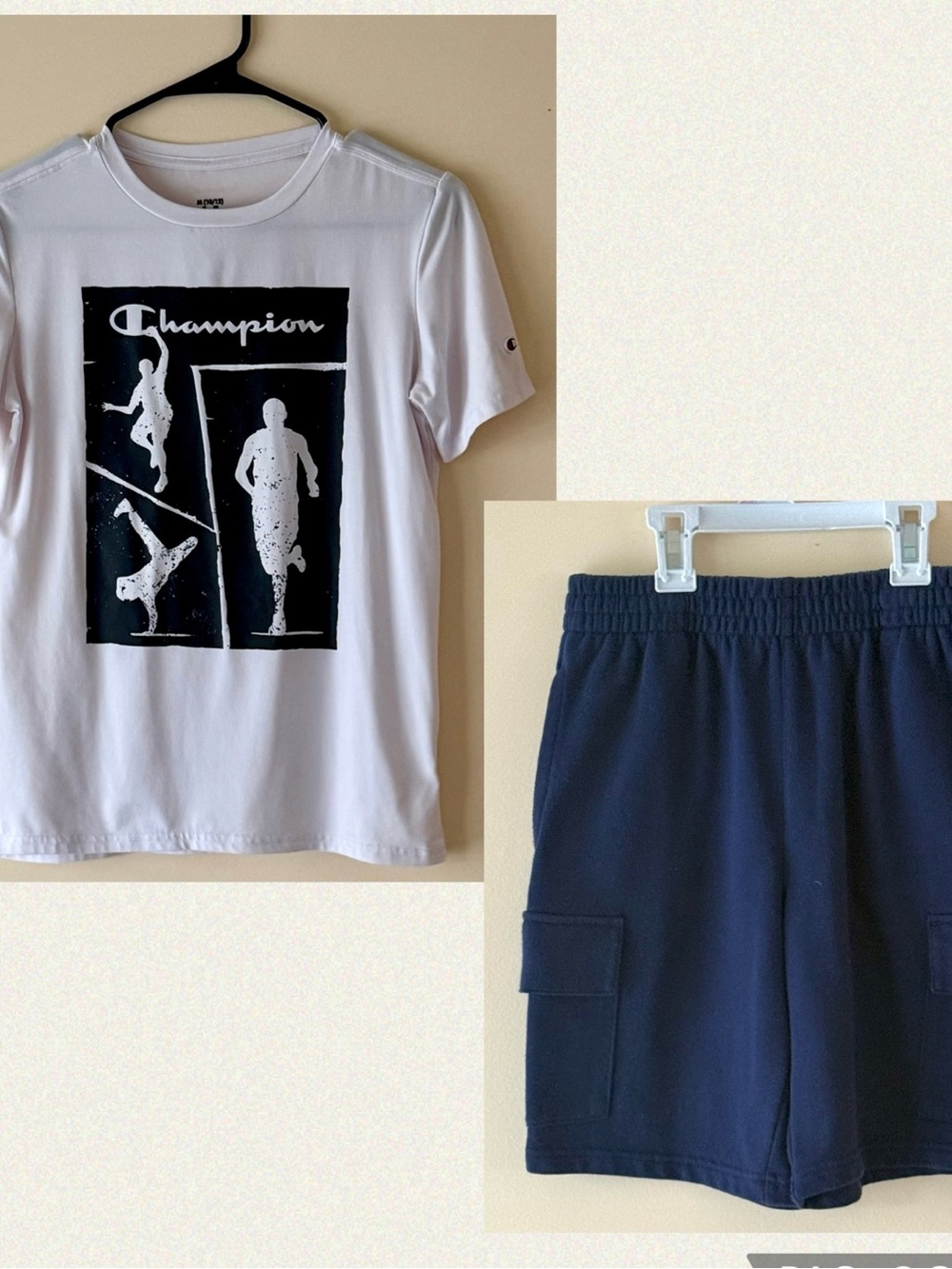 Champion Boys White Tee with Black Sport Graphic & Cargo Shorts, Size M(10-12)